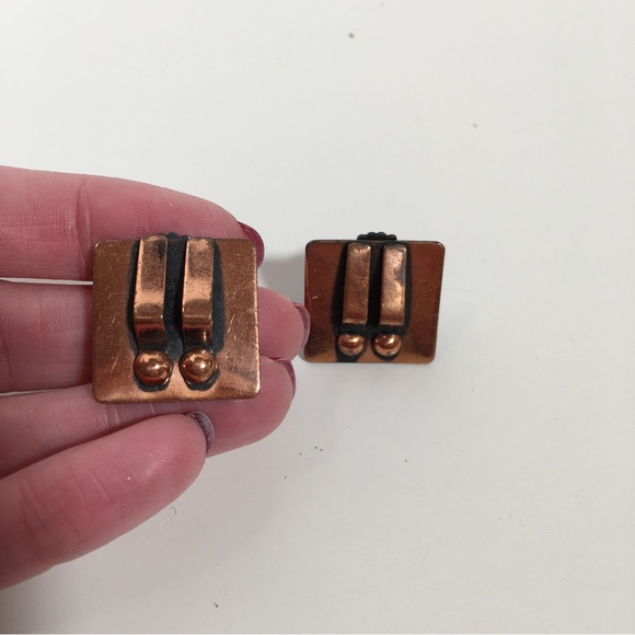 Vintage 60 70 Modernist Matisse Square Copper Wave Clip Earrings MCM - Picture 5 of 11